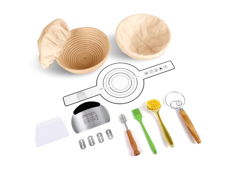Kit Iniziale per Lievito Madre Banneton Coperture in Lino all'Uncinetto per Strumenti di Panificazione in Rattan Ovale