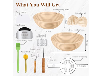 Kit Iniziale per Lievito Madre Banneton Coperture in Lino all'Uncinetto per Strumenti di Panificazione in Rattan Ovale